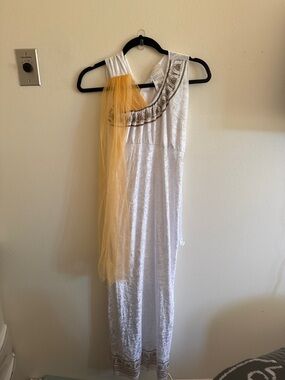 White Embroidered Grecian Maxi Dress with Mustard Scarf